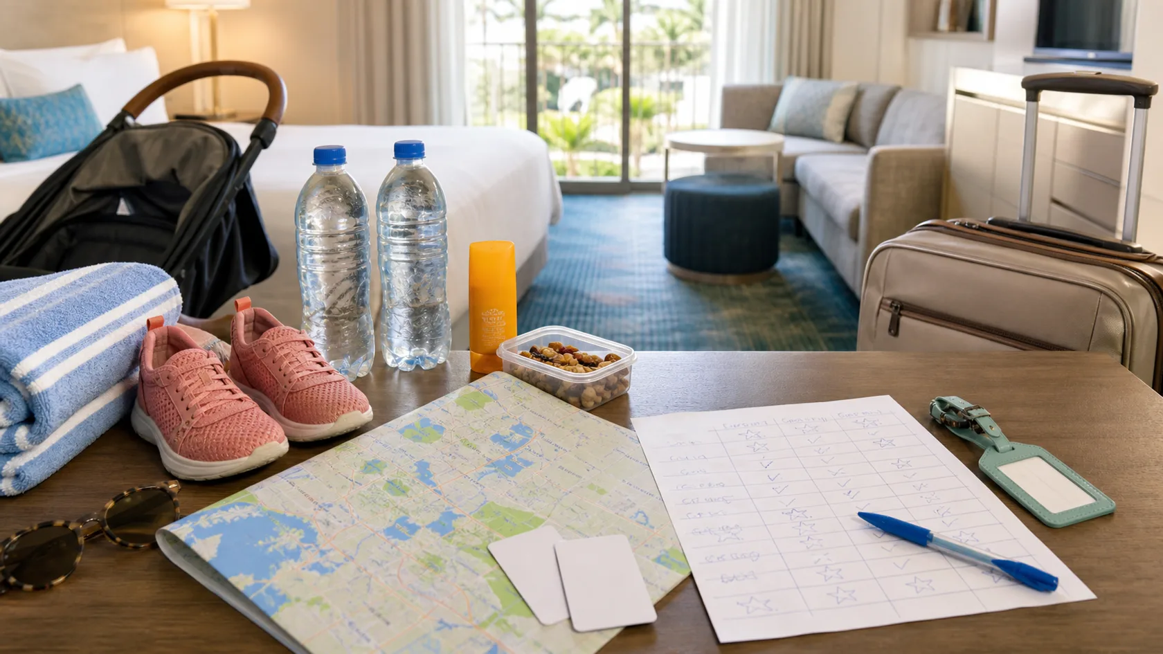 A calm Orlando family hotel planning scene with stroller, kids shoes, water bottles, map, room key cards, luggage, and hotel comparison notes.
