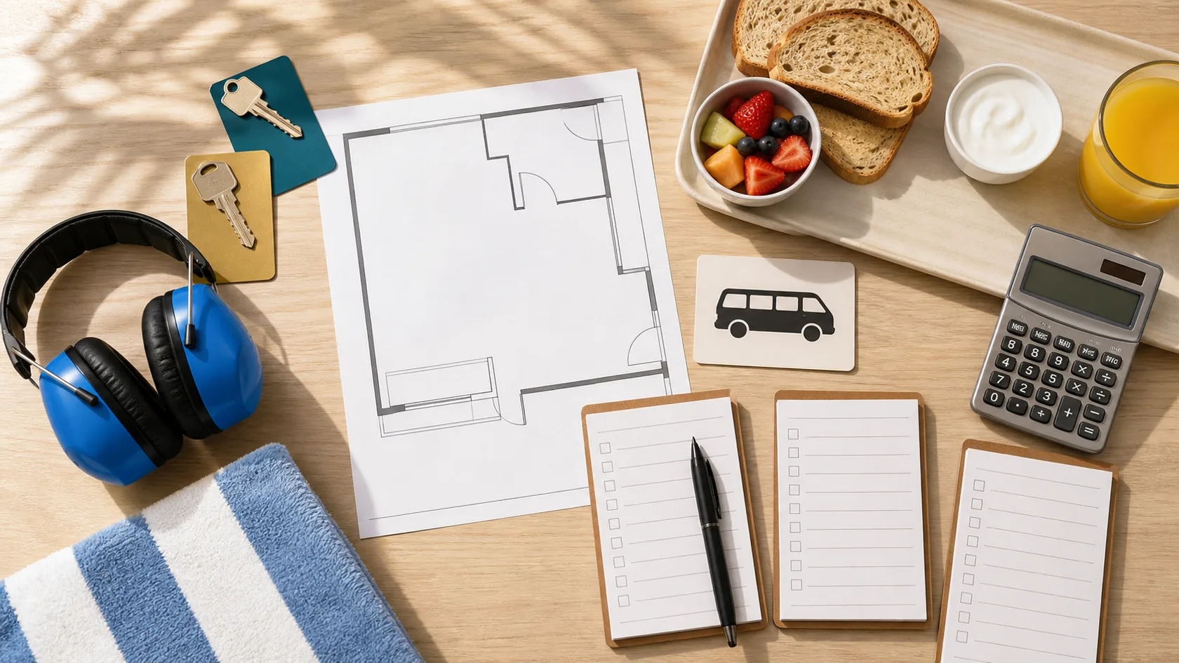 An Orlando family resort comparison with room floor plan, keys, child headphones, breakfast, shuttle card, calculator, pool towel, and blank fee checklists.