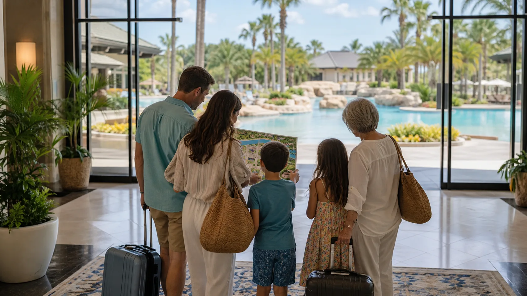 A multigenerational family arriving at a bright Orlando resort lobby and reviewing a map beside a landscaped zero-entry pool.