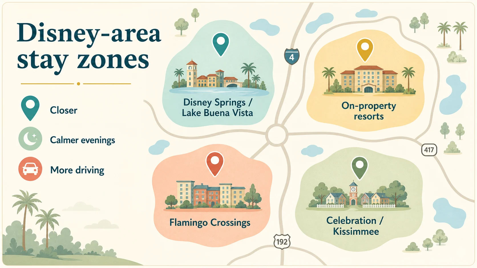 Illustrated comparison of Disney-area stay zones including Disney Springs, Flamingo Crossings, Celebration, Kissimmee, and on-property resorts.