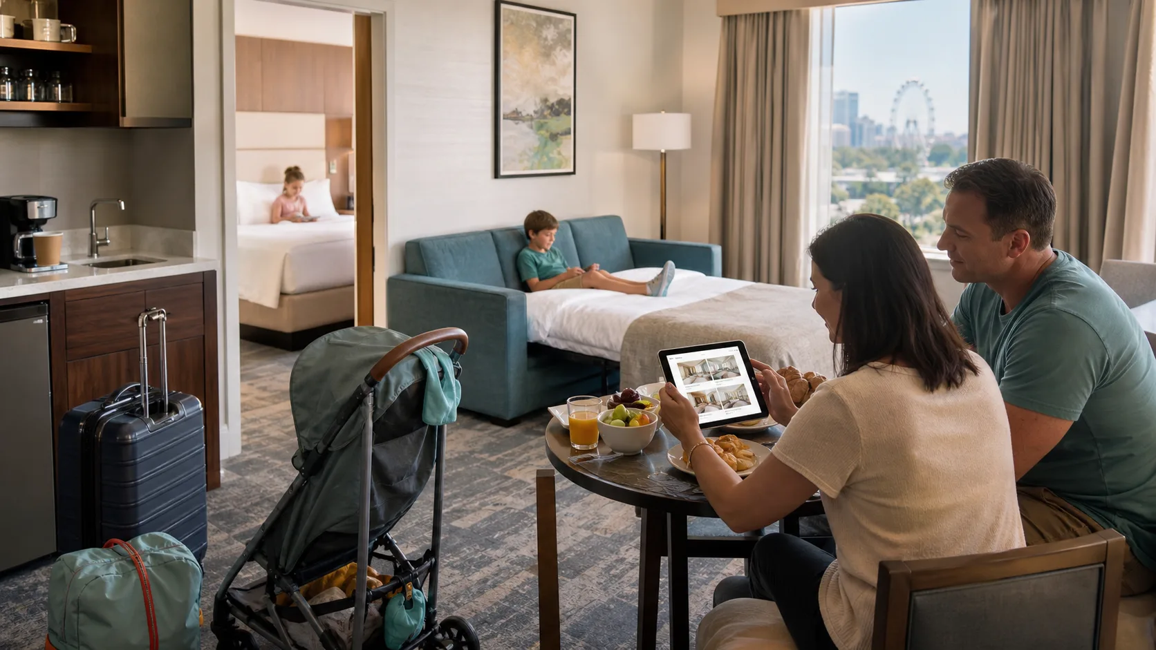 A family reviewing an Orlando suite layout with a separate bedroom, sofa bed, kitchenette, breakfast table, stroller, and luggage space.