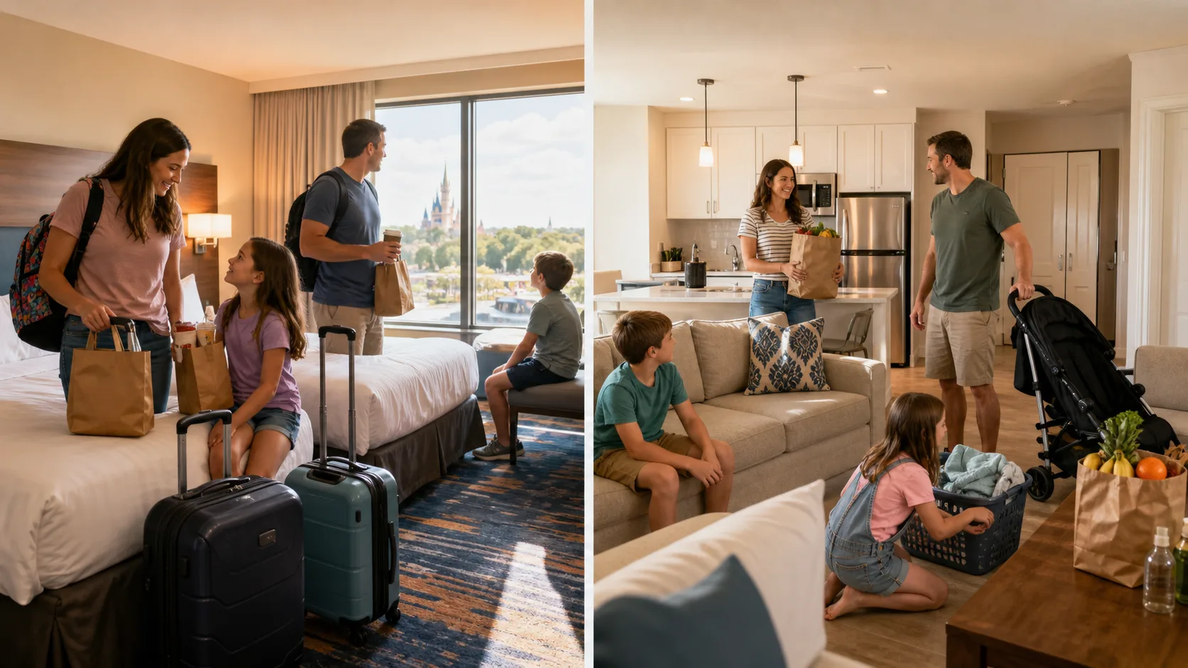 A side-by-side family accommodation comparison showing a hotel suite and a vacation rental kitchen with luggage, groceries, and laundry.