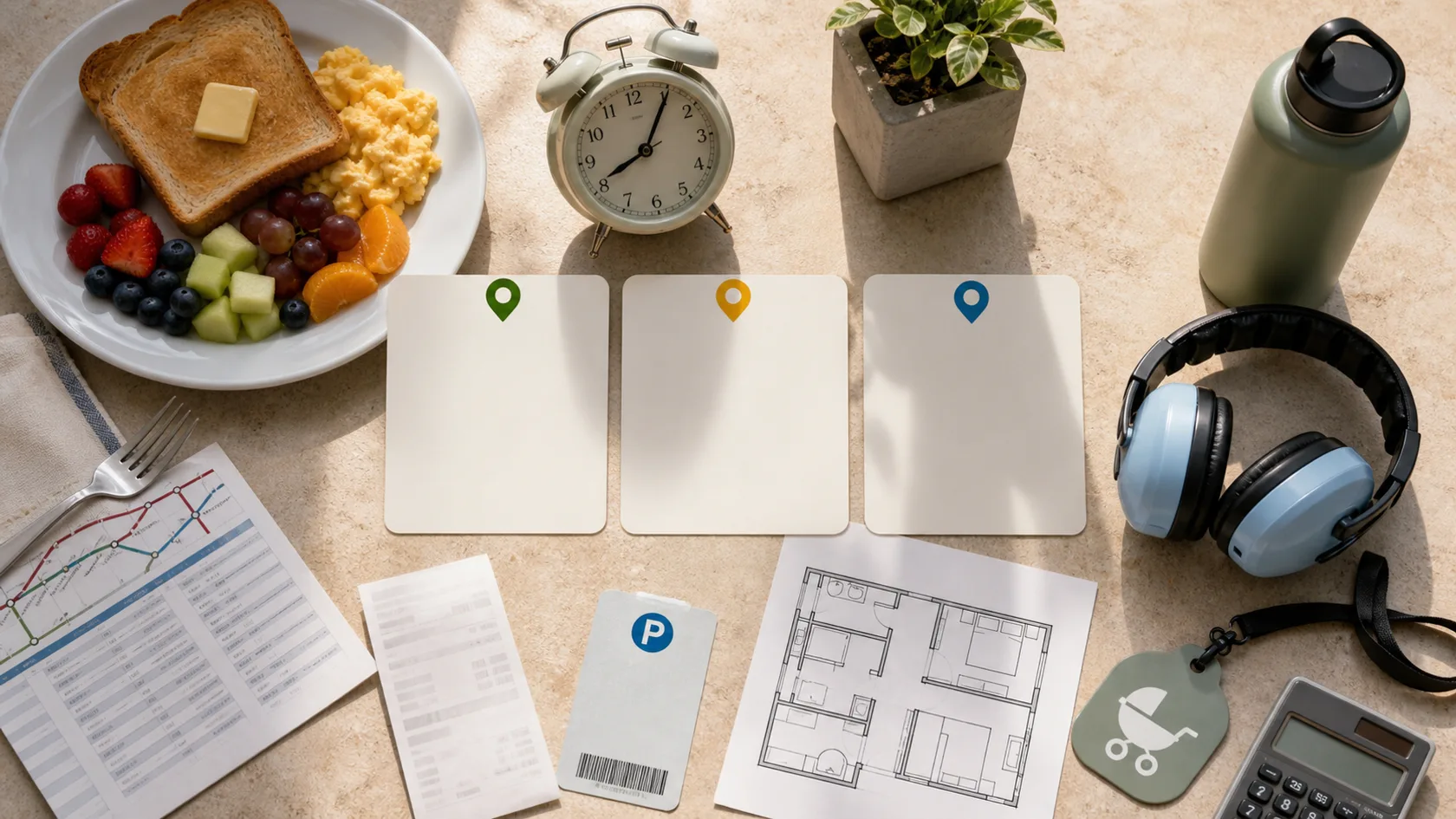 Three blank hotel area cards with breakfast, an early clock, room floor plan, parking card, headphones, stroller tag, bottle, and calculator.