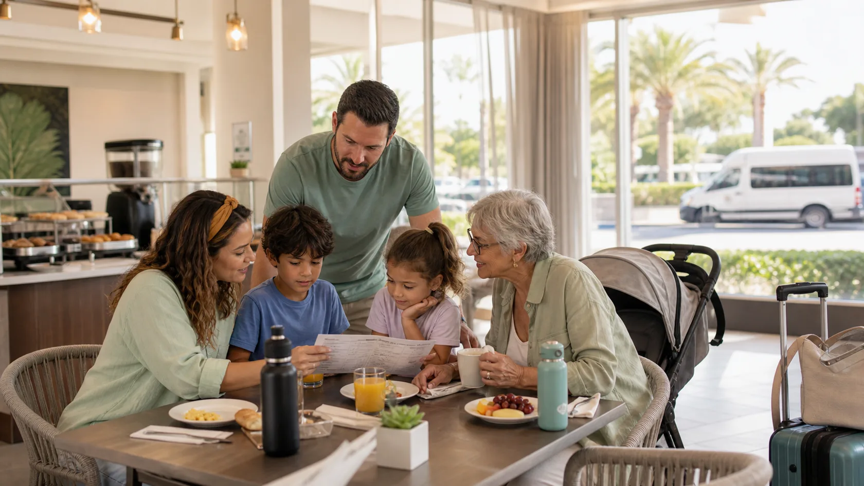 A multigenerational family reviewing a park-day plan over breakfast in a bright Lake Buena Vista area hotel with a shuttle outside.