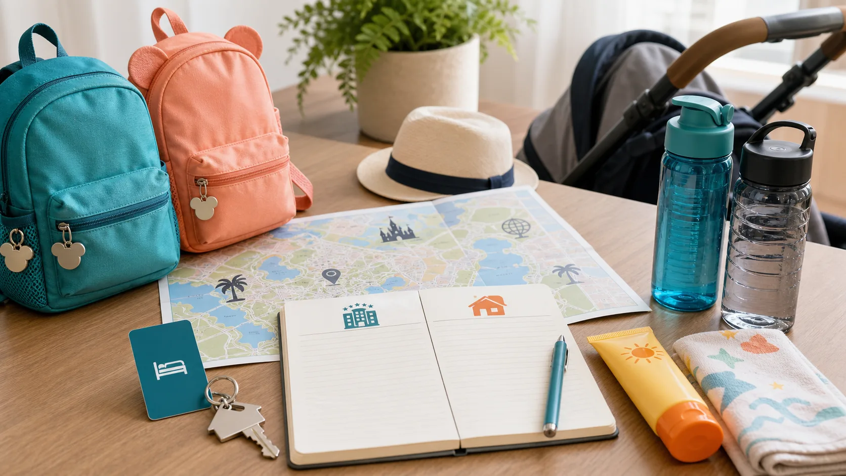 An Orlando family trip planning table comparing a hotel key card and a house key with backpacks, stroller, map, water bottles, and sunscreen.