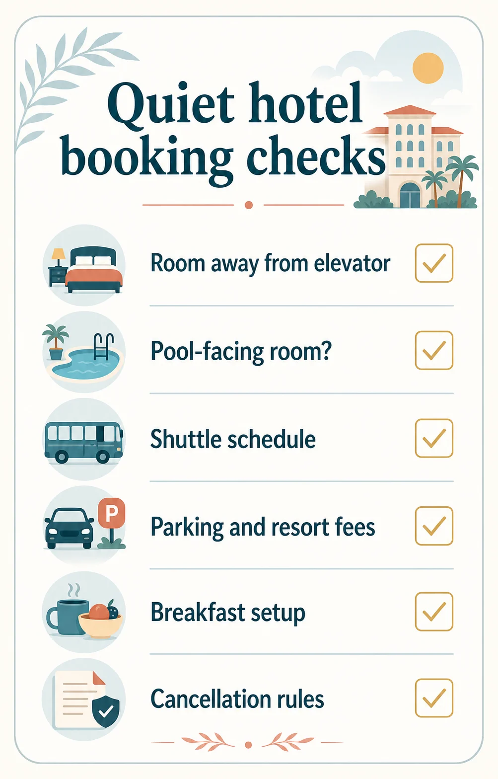 A family checking hotel transport, fees, breakfast, and room location before booking.