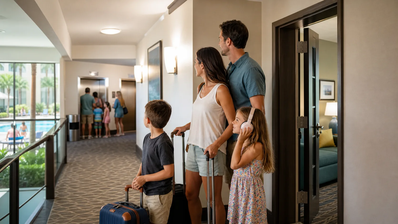 A hotel room location decision showing quieter room areas away from elevators and pool noise.
