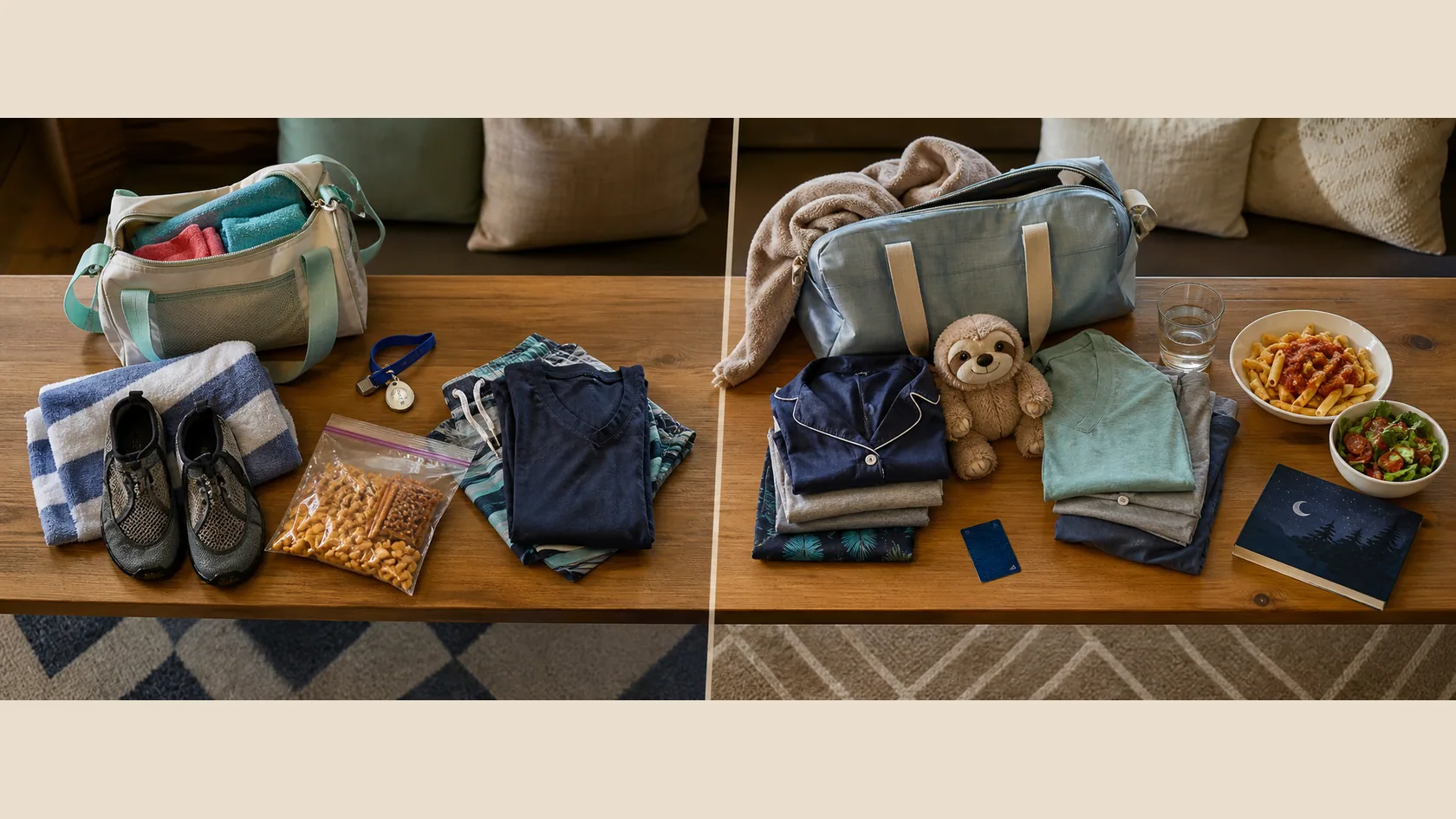 A side-by-side indoor water park plan with a compact day-pass swim bag and locker setup compared with an overnight room setup for pajamas, meals, dry clothes, and rest.