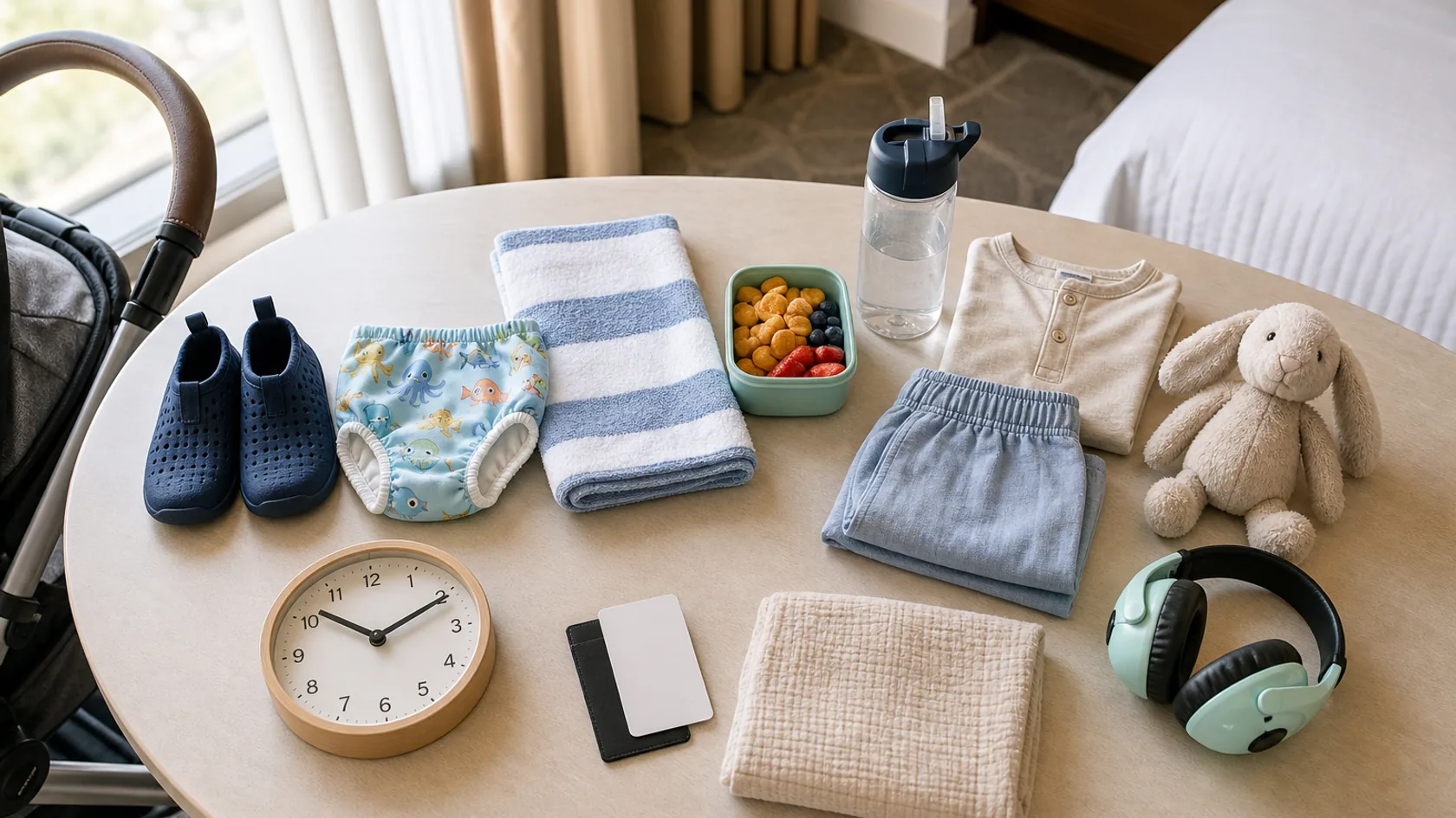 A toddler indoor water park pacing setup with water shoes, swim diaper, towel, snack, water bottle, dry clothes, comfort toy, headphones, stroller, room key, and clock.