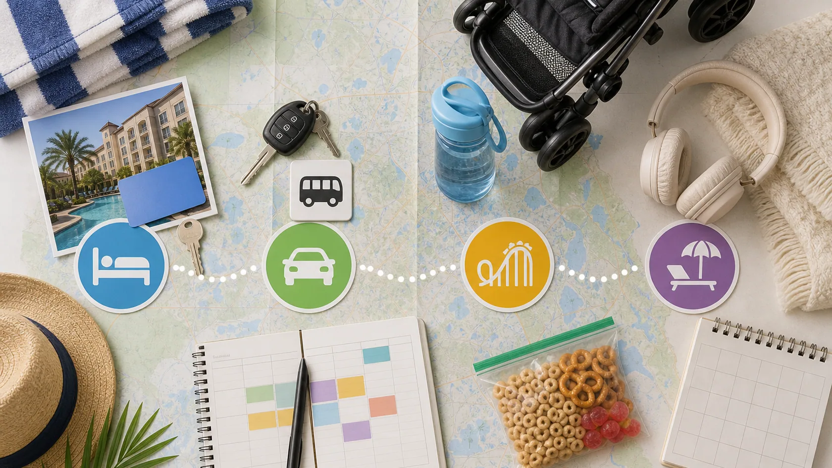 An Orlando family vacation decision framework using hotel and rental keys, transport symbols, stroller, park-day planner, snacks, headphones, and a rest-day calendar.