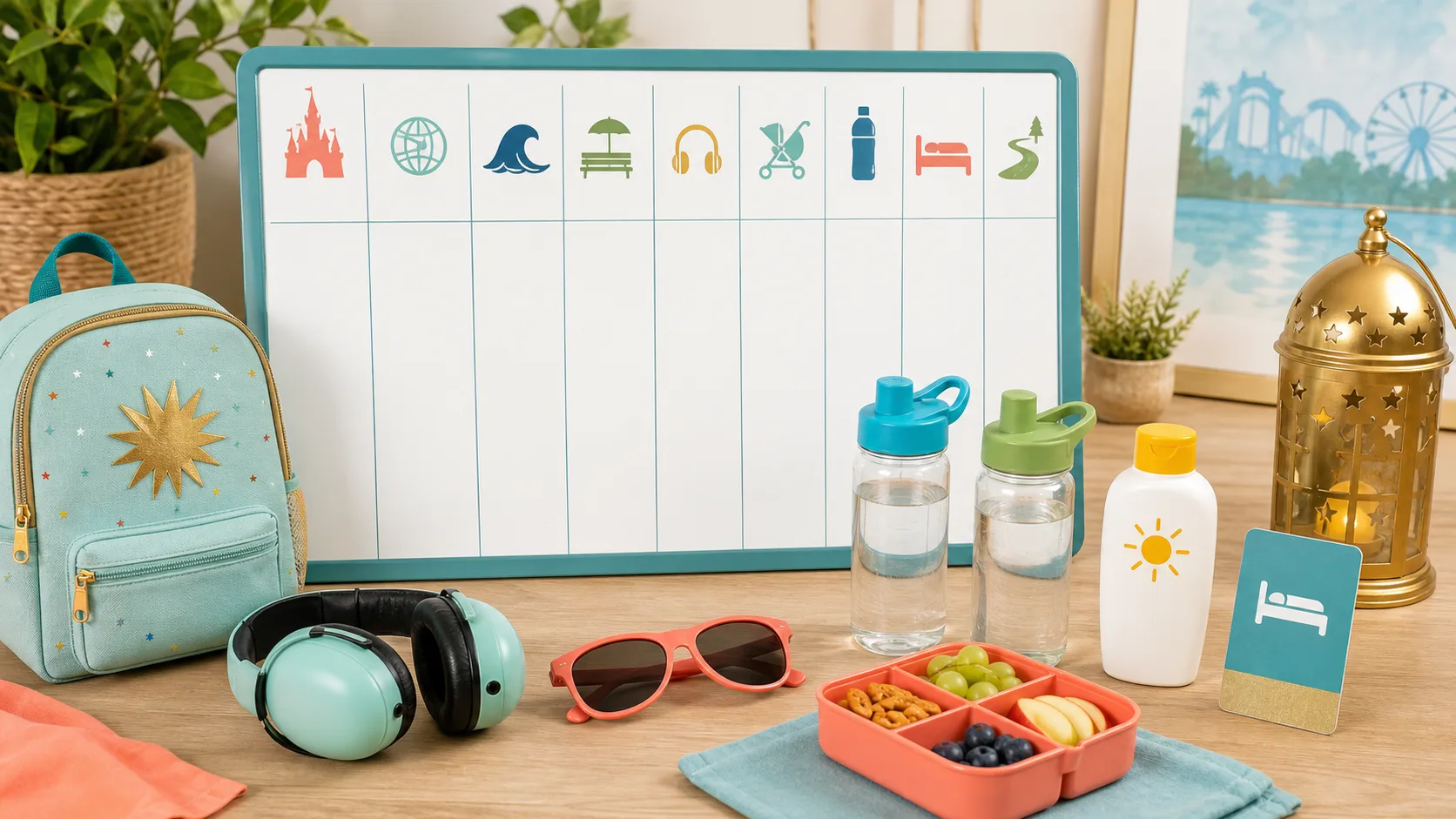 A sensory-friendly Orlando theme park planning board with icons for parks, shade, headphones, stroller, water, hotel rest, and walking paths.