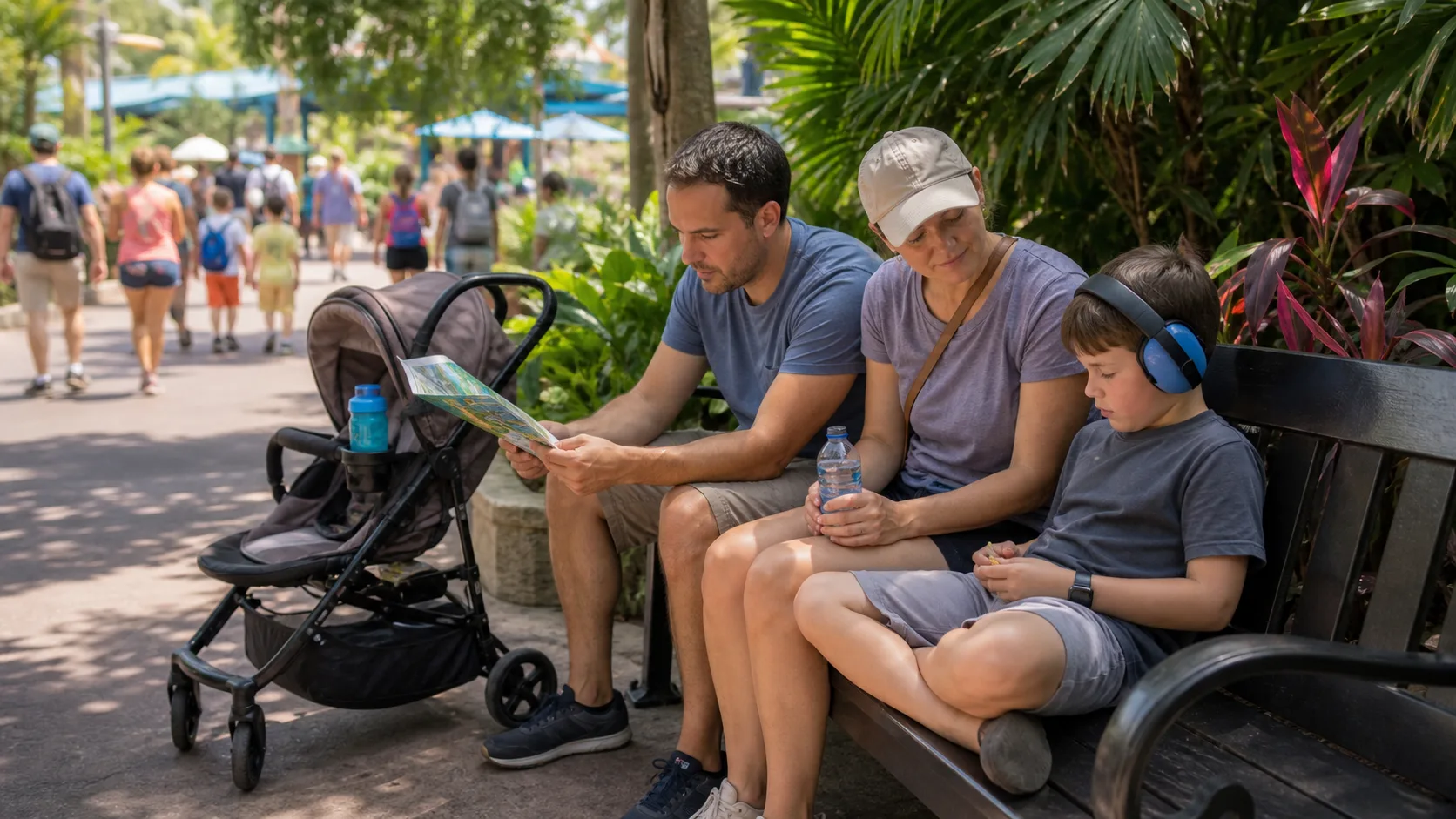 A sensory-sensitive child wearing headphones resting with family on a shaded bench away from a busier theme park walkway.