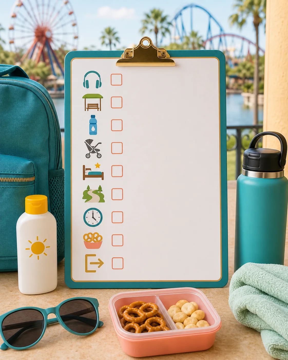 A sensory-aware theme park checklist with headphones, snacks, water, break planning, and a backup exit.