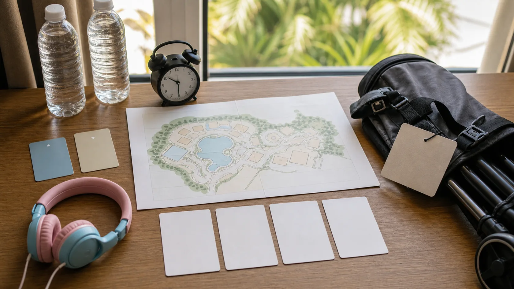 A hotel decision desk with a resort map, room keys, stroller, child headphones, water, clock, and blank comparison cards.