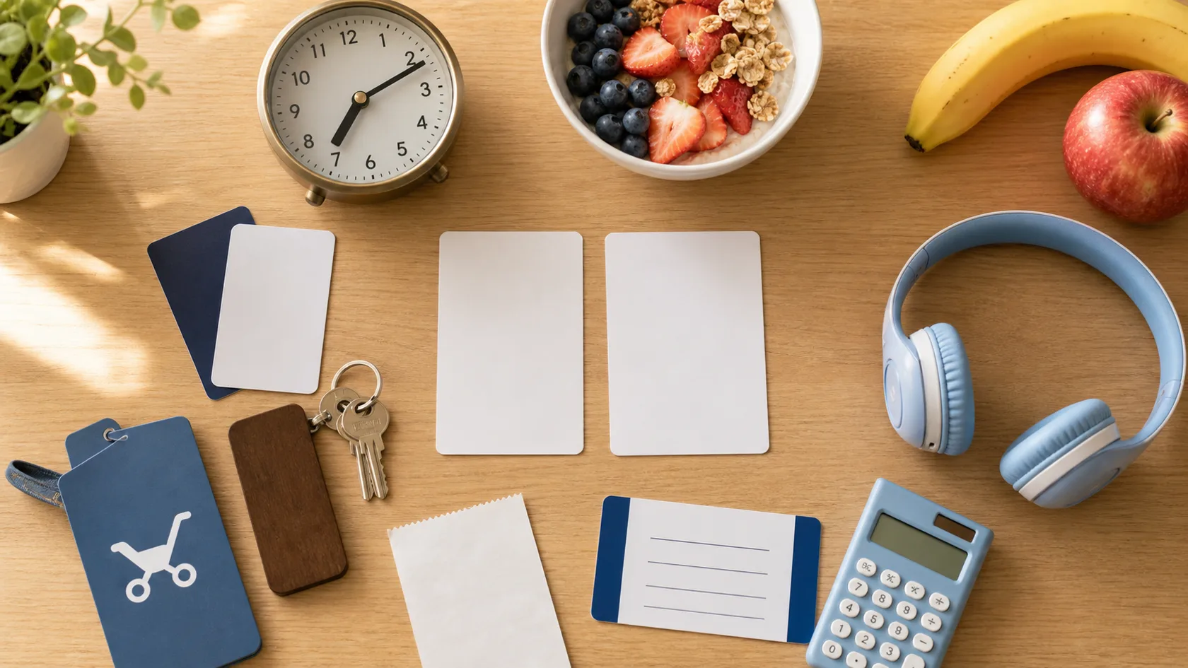 A hotel breakfast decision layout with an early clock, breakfast bowl, hotel keys, shuttle card, stroller tag, headphones, receipts, and calculator.