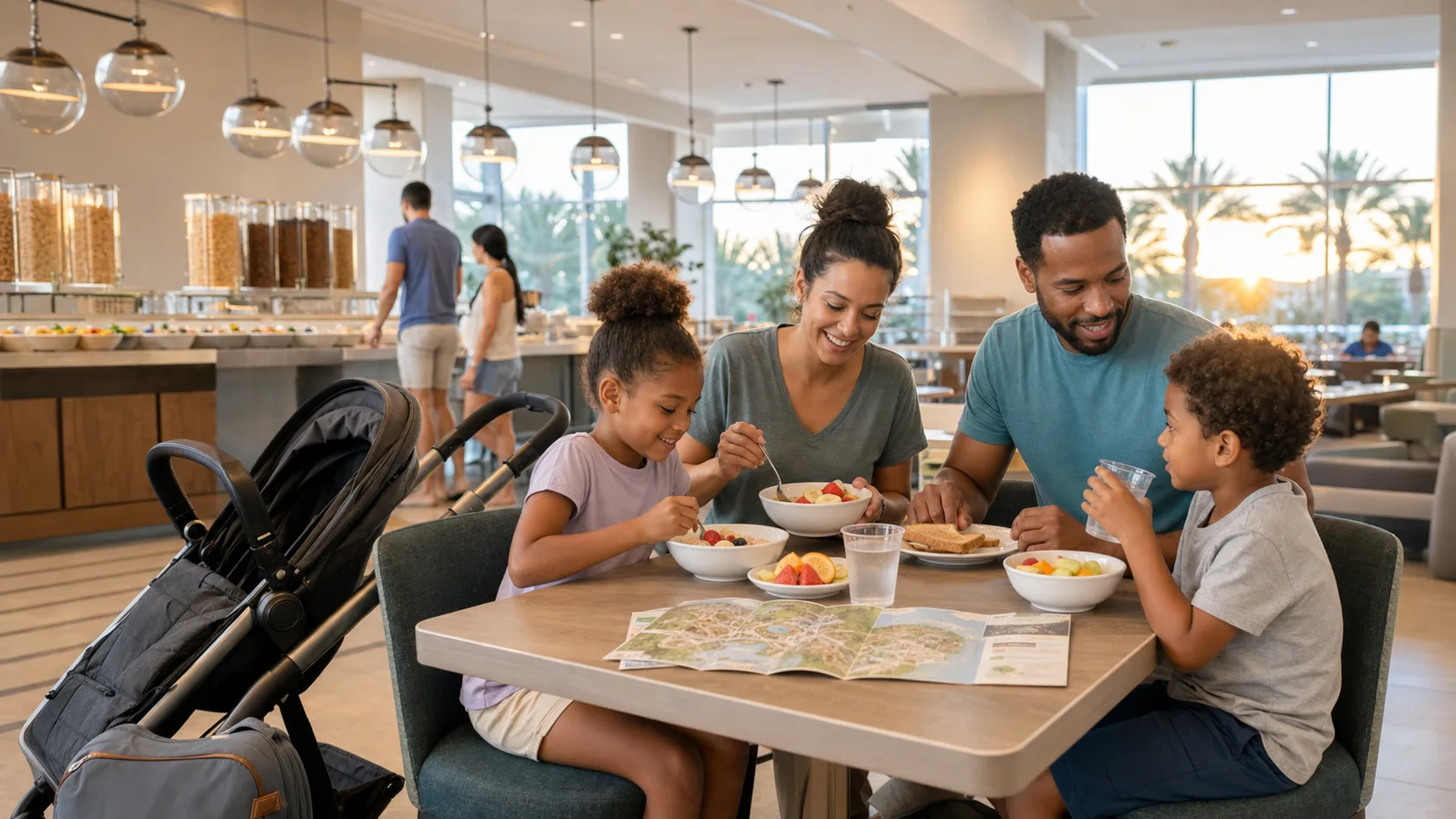 A family eating fruit, oatmeal, and toast in a bright Orlando hotel breakfast room before a theme-park morning.