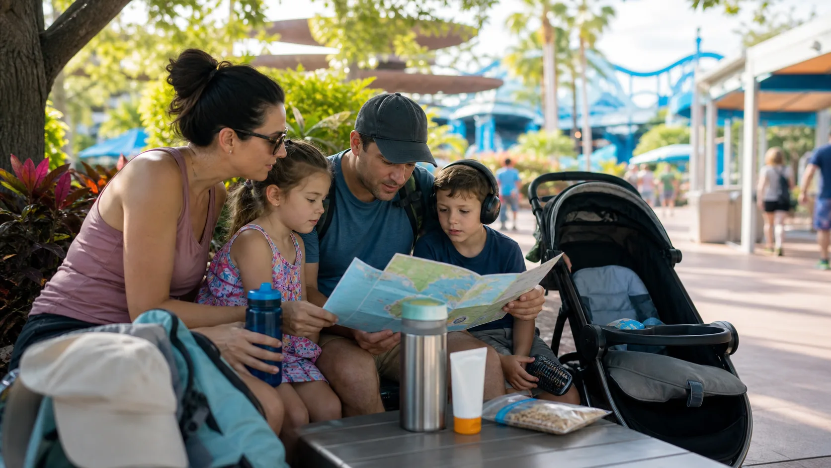 A SeaWorld family break planning scene with water bottles, snacks, hats, schedule notes, and hotel recovery items.