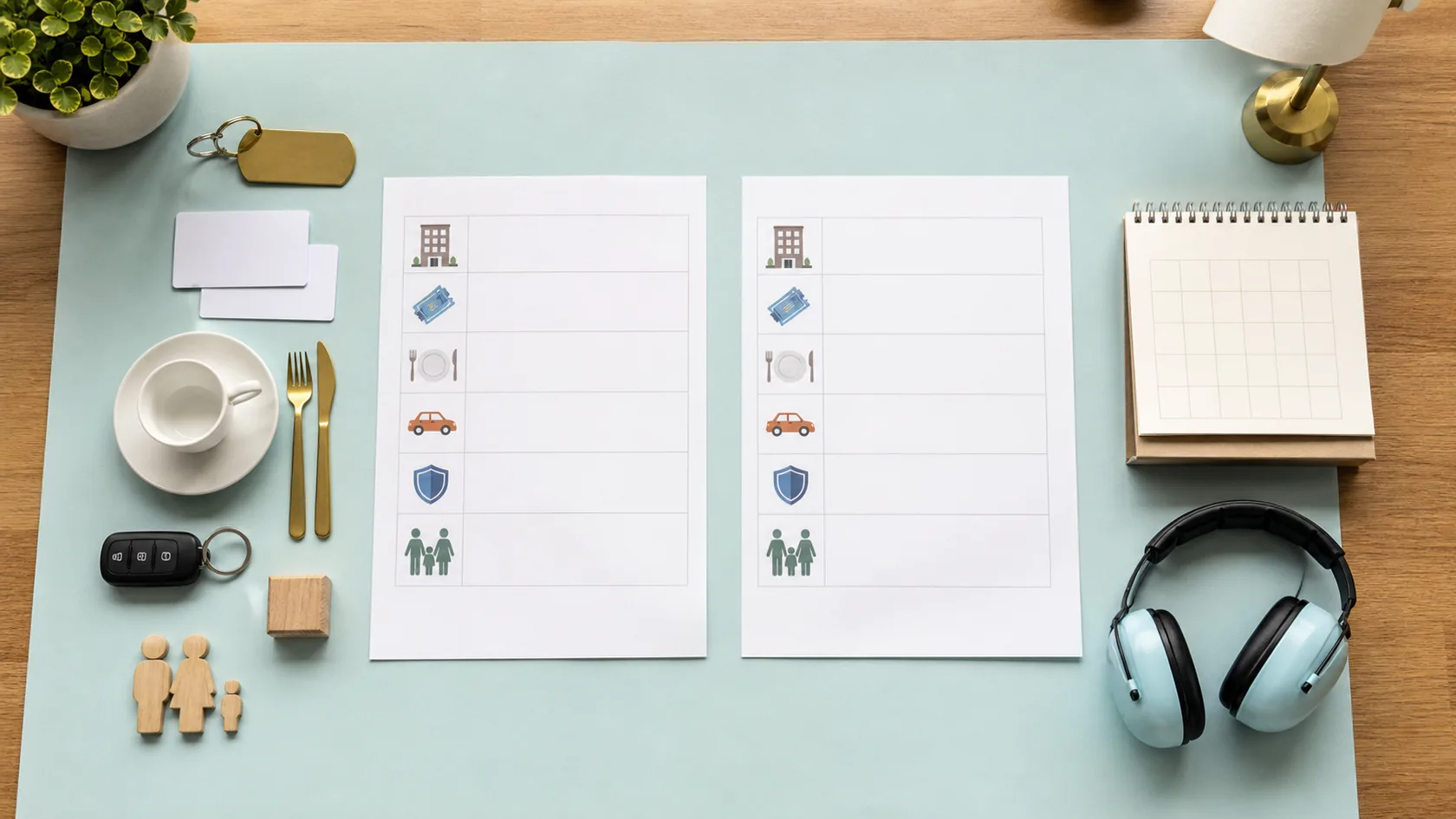 Two blank package comparison sheets with hotel, ticket, meal, transport, protection, and family-fit symbols, plus keys, headphones, and a calendar.