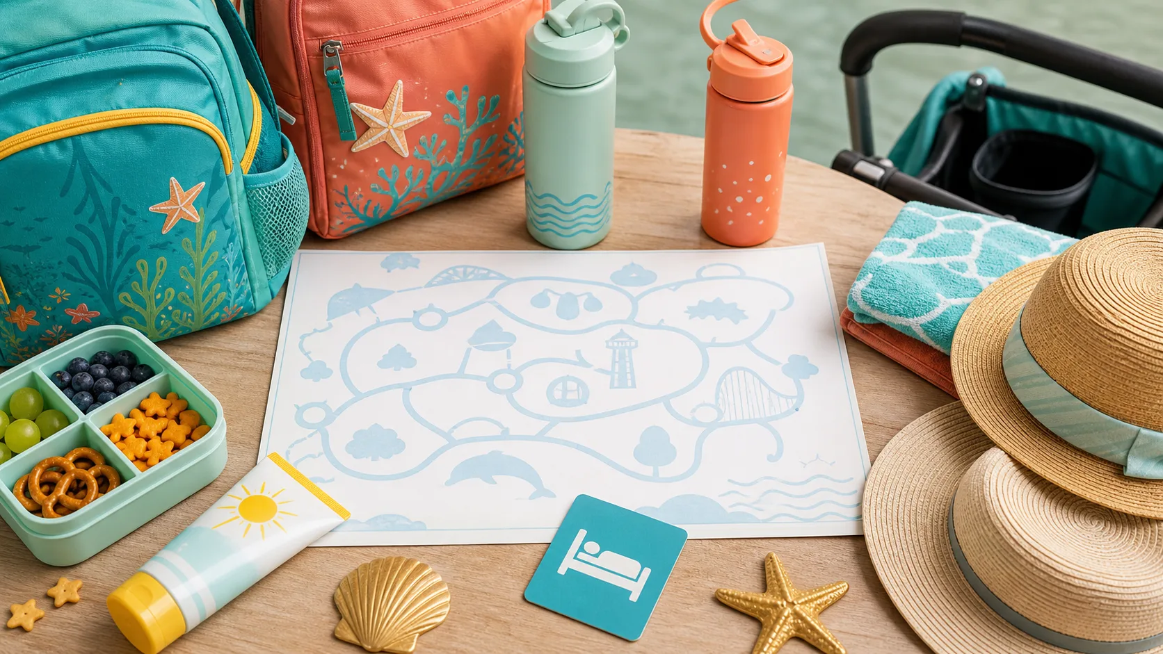 An ocean-themed Orlando park planning table with a blank map, kids backpacks, stroller handle, hats, water bottles, sunscreen, snacks, and a hotel key card.