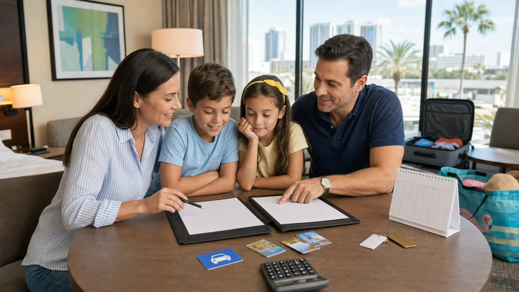 A family in an Orlando hotel suite comparing two blank vacation plans with admission cards, room keys, calendar, transfer card, and calculator.