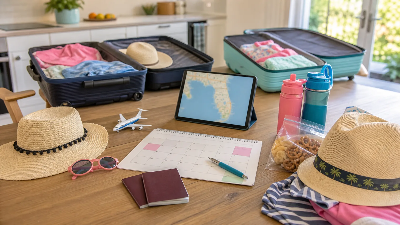 A UK family Orlando holiday planning table with open suitcases, passports, sun hats, a toy airplane, water bottles, snacks, a calendar, and a Florida map on a tablet.