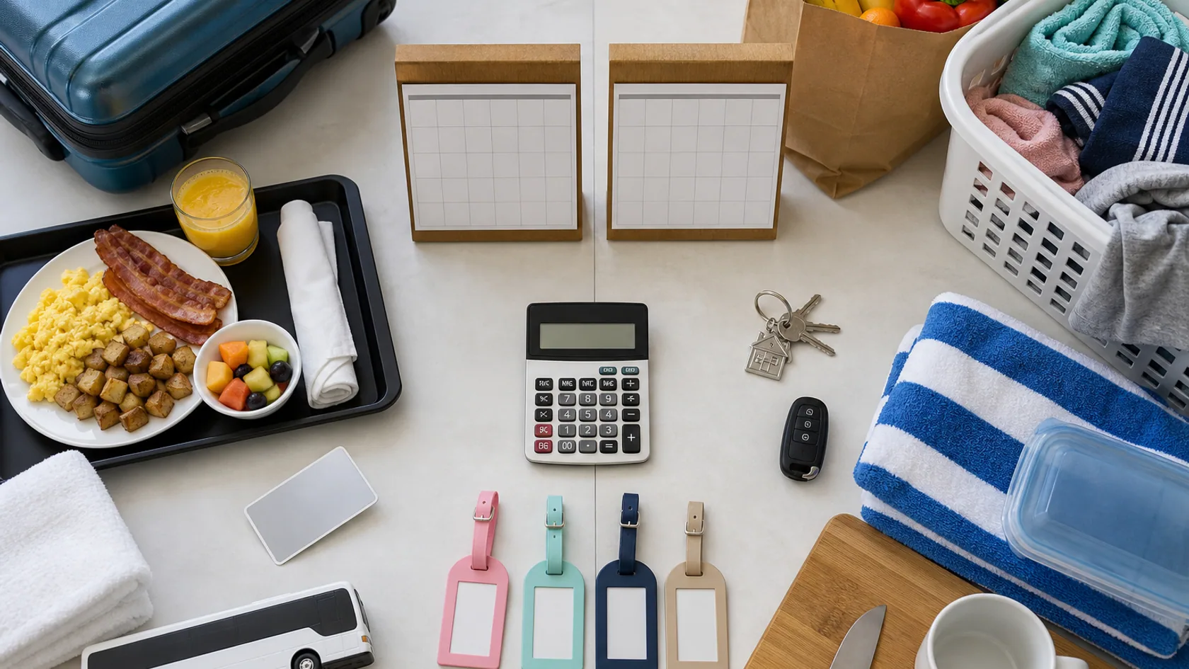 A split Orlando accommodation comparison with hotel breakfast, key card and luggage on one side and villa groceries, laundry, house keys, car key and pool towels on the other.