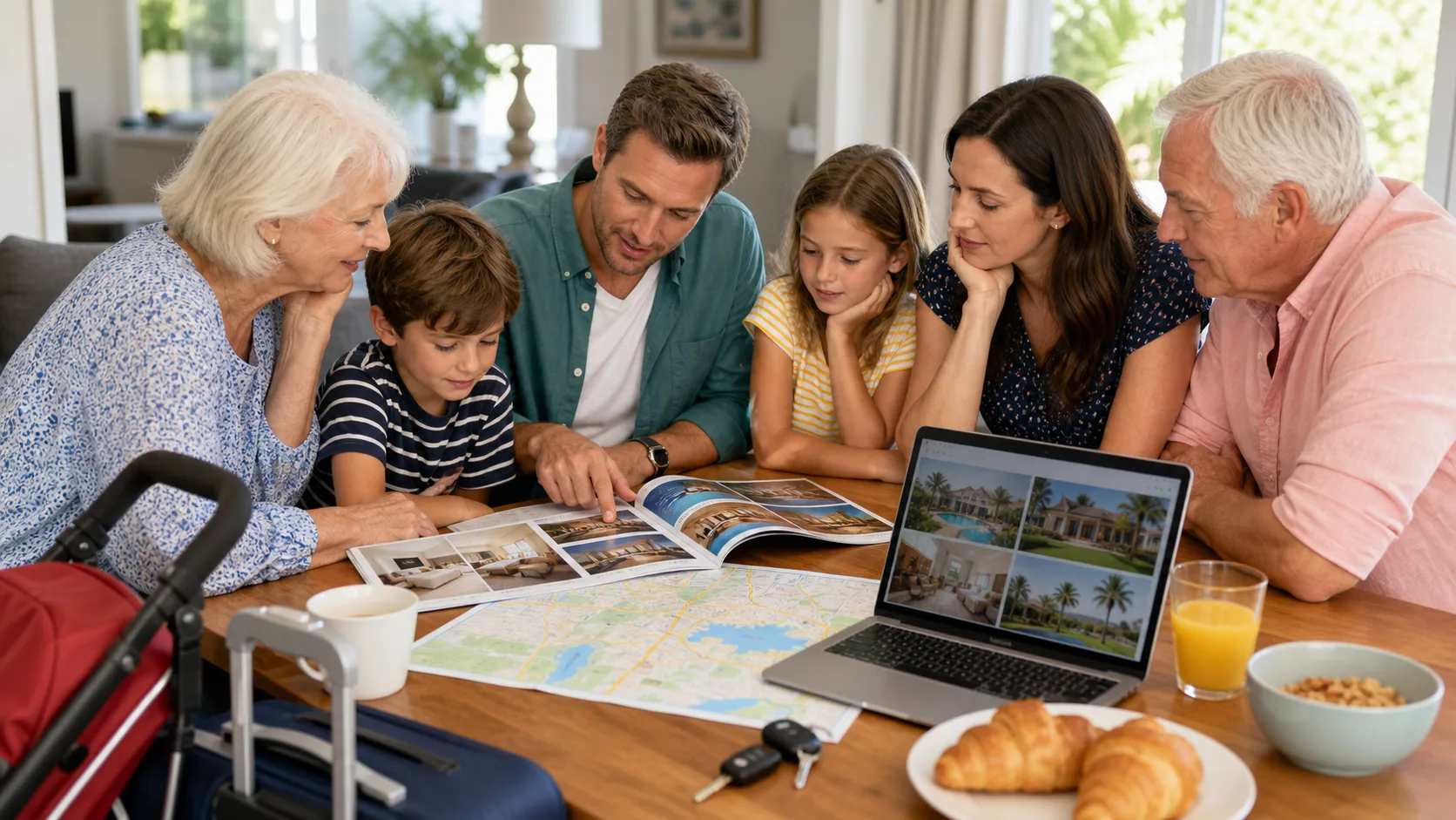 A UK multigenerational family comparing Orlando hotel and villa options with accommodation photos, luggage, a stroller, car keys, breakfast, and a map.