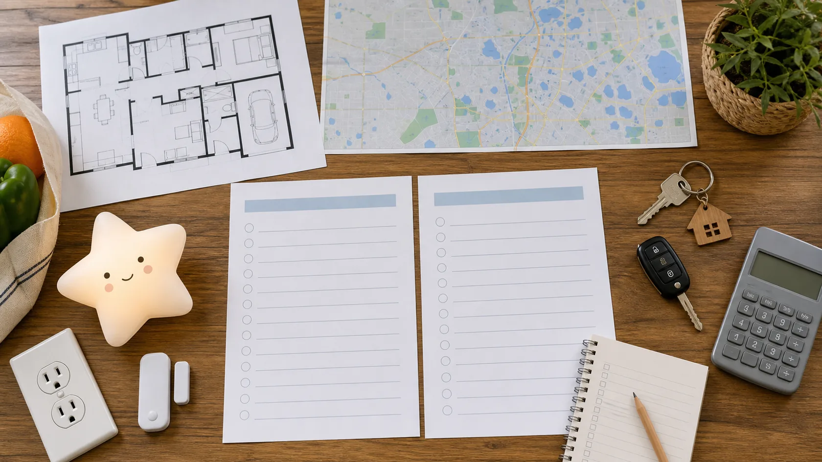 An Orlando vacation rental comparison table with a floor plan, map, house and car keys, calculator, child night light, outlet cover, door sensor, and blank checklists.