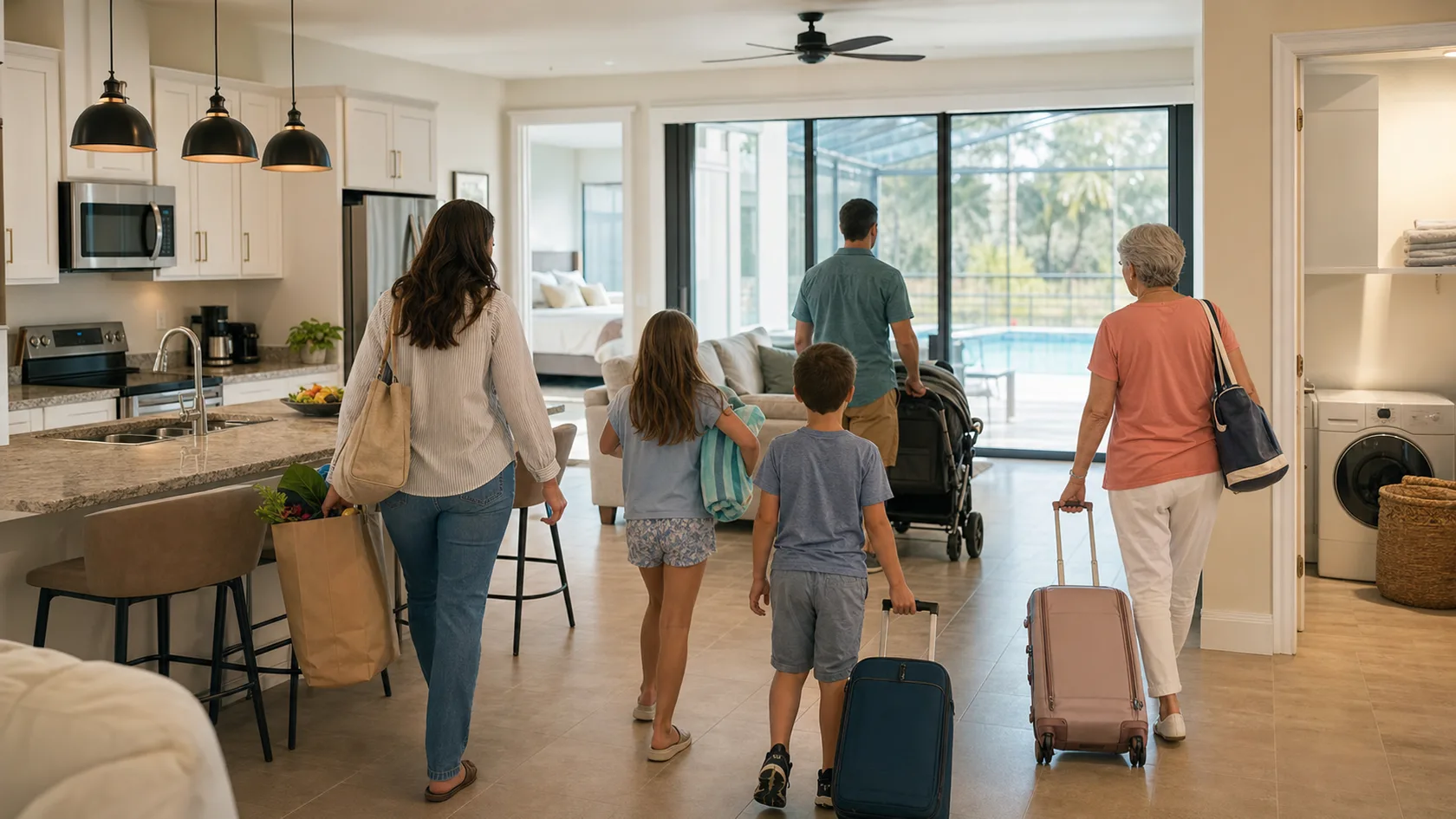A multigenerational family arriving at a bright Orlando vacation rental with bedrooms, a kitchen, laundry, luggage, groceries, and a pool behind closed doors.