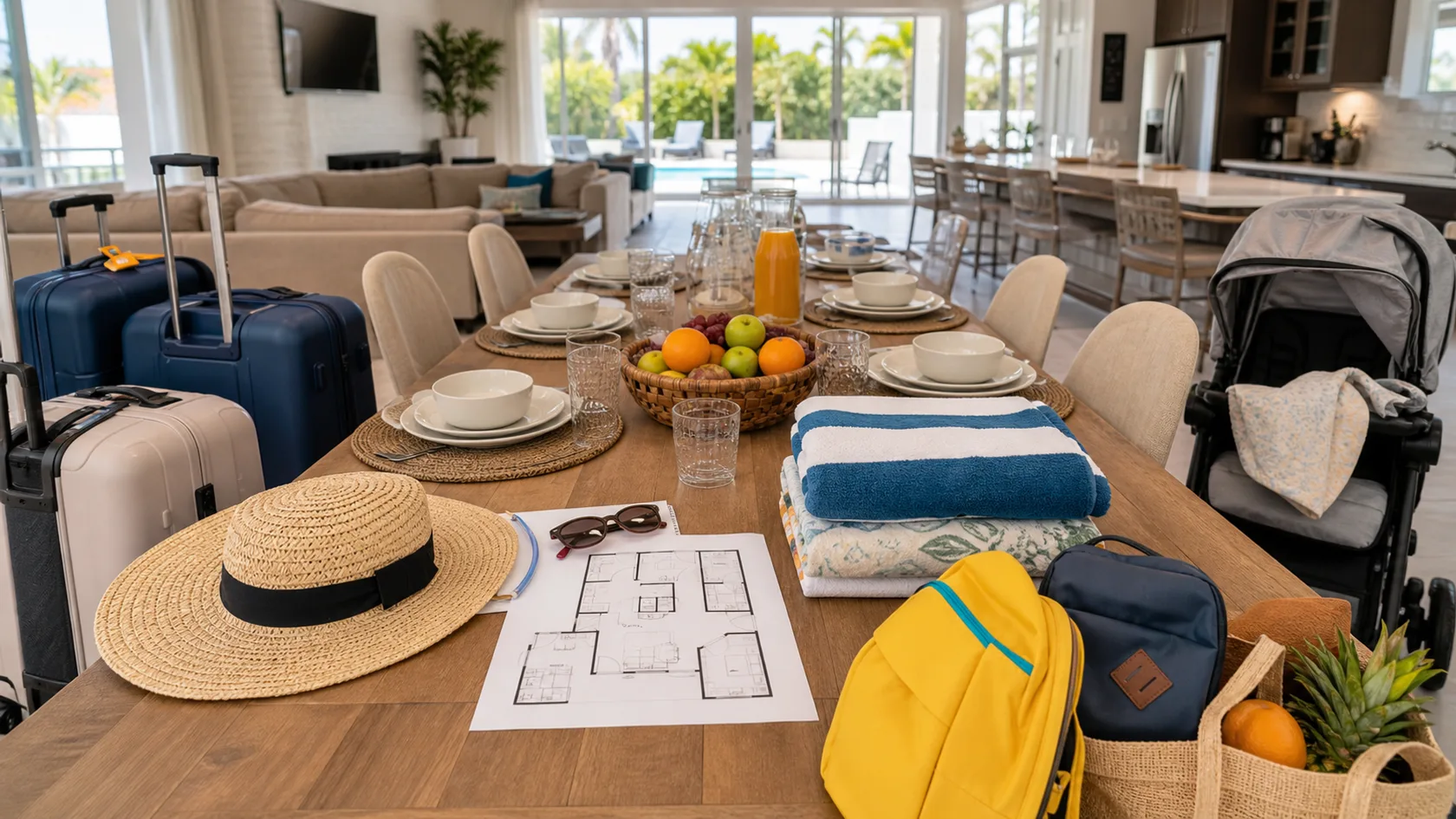 A bright Orlando vacation rental planning scene with a large dining table, backpacks, stroller, towels, water bottles, and a map.