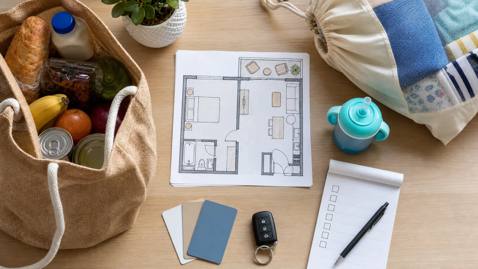A condo hotel planning table with a floor plan, groceries, room keys, car key, toddler cup, towels, and a blank checklist.