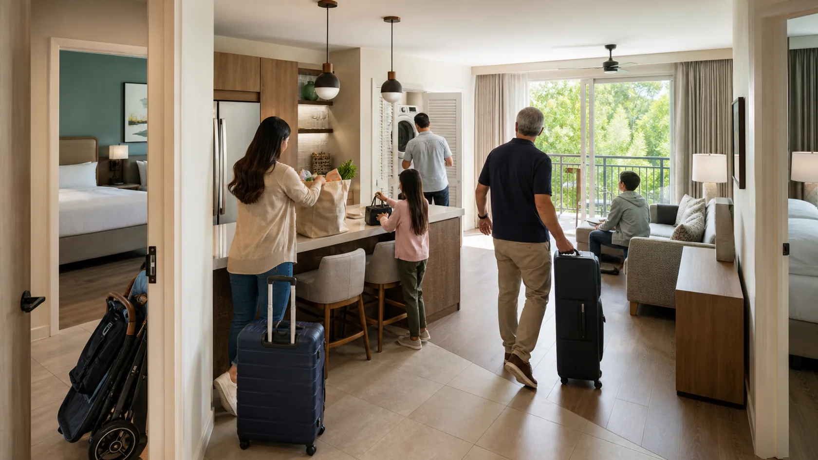 A multigenerational family arriving at an Orlando condo-style hotel suite with separate bedrooms, a kitchen, laundry, groceries, and luggage.