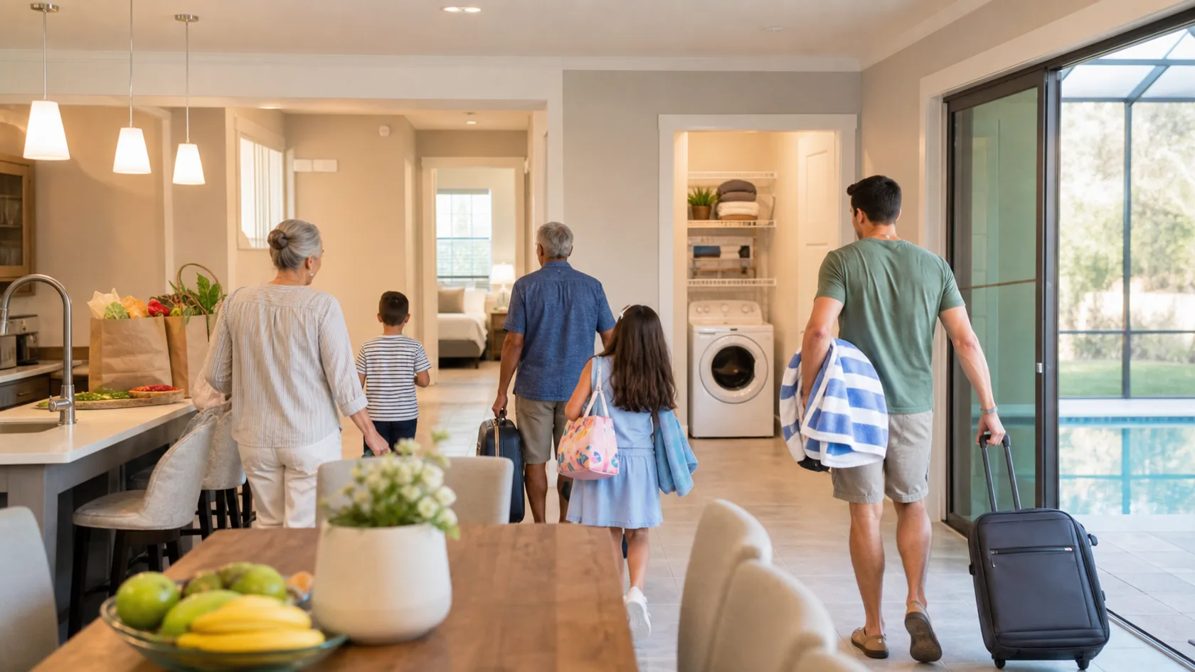A multigenerational family settling into an Orlando vacation home with bedrooms, kitchen, laundry, groceries, luggage, and a screened pool behind closed doors.