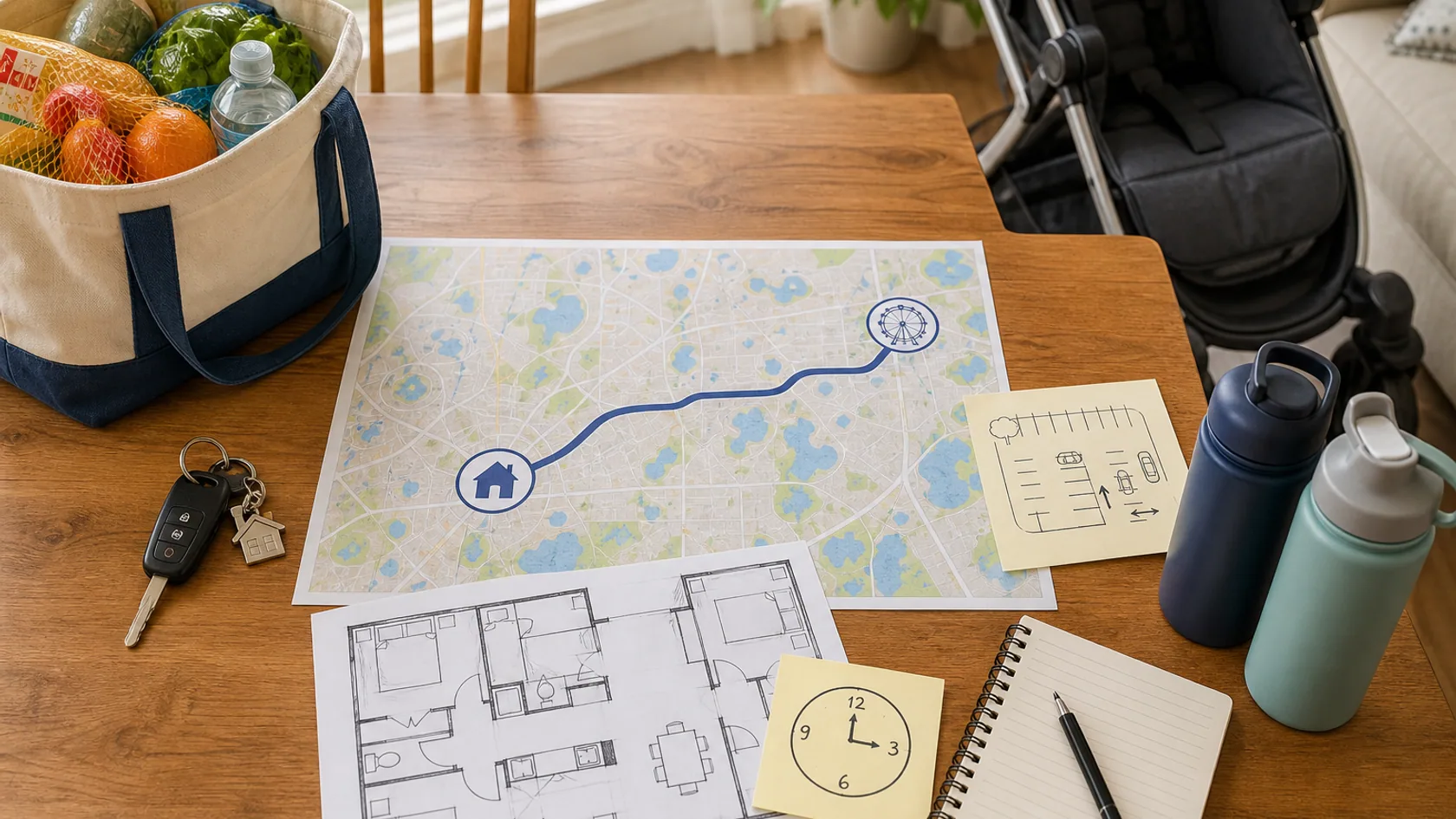 A family planning a Disney-area vacation rental with a route map, car keys, parking notes, groceries, stroller, water bottles, bedroom floor plan, and midday break clock.
